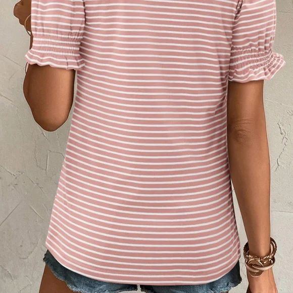 Elegant Pink Striped Ruffle Short Sleeve Top size XL - Picture 4 of 5